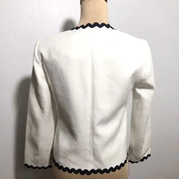 J Crew Linen Jacket Womens 2 White Blue Blazer Ric Rac Trim Career Office - Picture 9 of 15